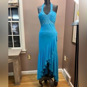 Y2K Beaded Halter Aqua Asymmetrical Ruffle Slit Prom Dress Size Small